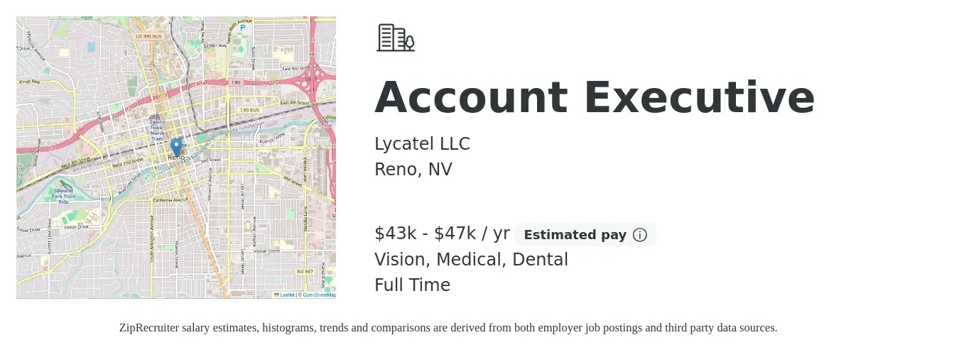 Lycatel LLC job posting for a Account Executive in Reno, NV with a salary of $43,680 to $47,840 Yearly (plus commission) and benefits including vision, dental, and medical with a map of Reno location.