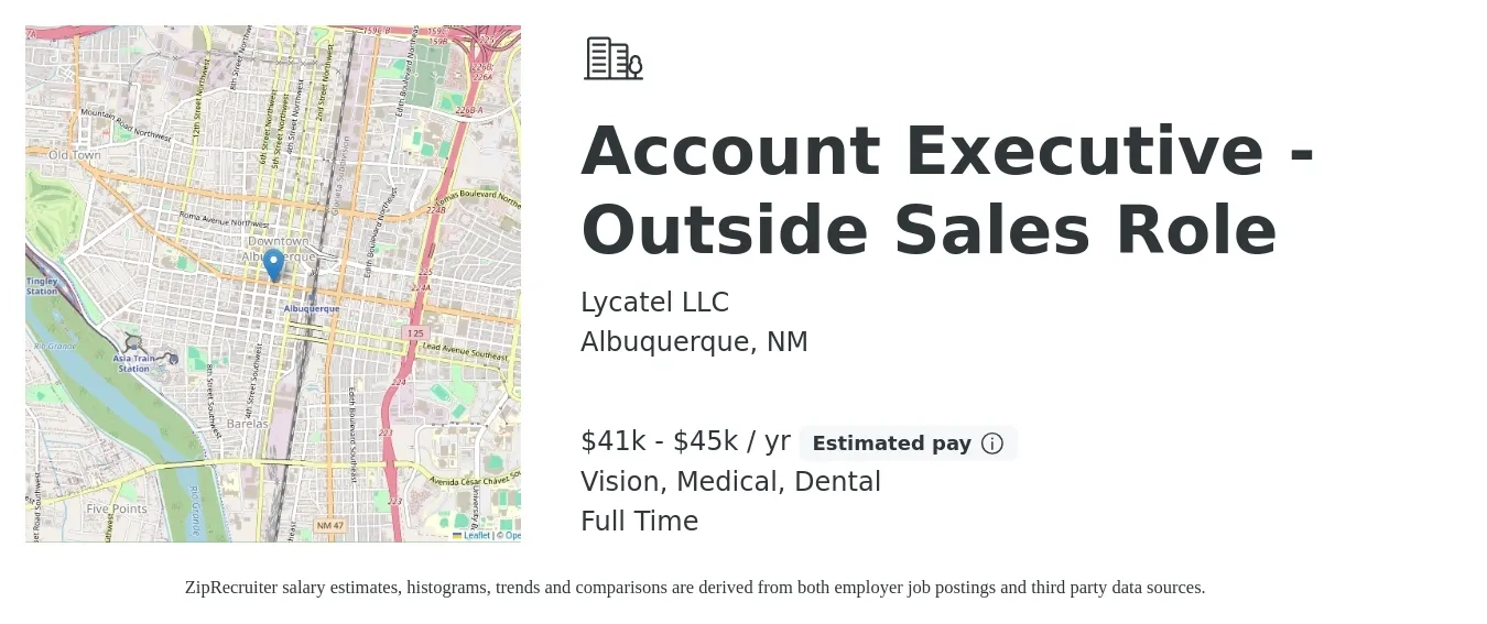 Lycatel LLC job posting for a Account Executive - Outside Sales Role in Albuquerque, NM with a salary of $41,600 to $45,760 Yearly (plus commission) and benefits including dental, medical, and vision with a map of Albuquerque location.