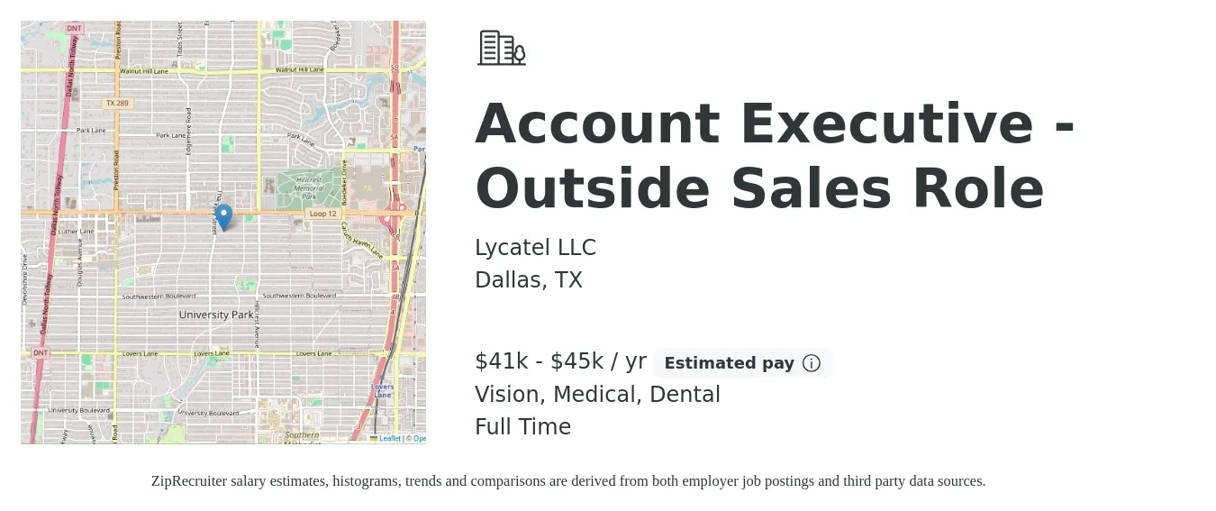 Lycatel LLC job posting for a Account Executive - Outside Sales Role in Dallas, TX with a salary of $41,600 to $45,760 Yearly (plus commission) and benefits including medical, vision, and dental with a map of Dallas location.