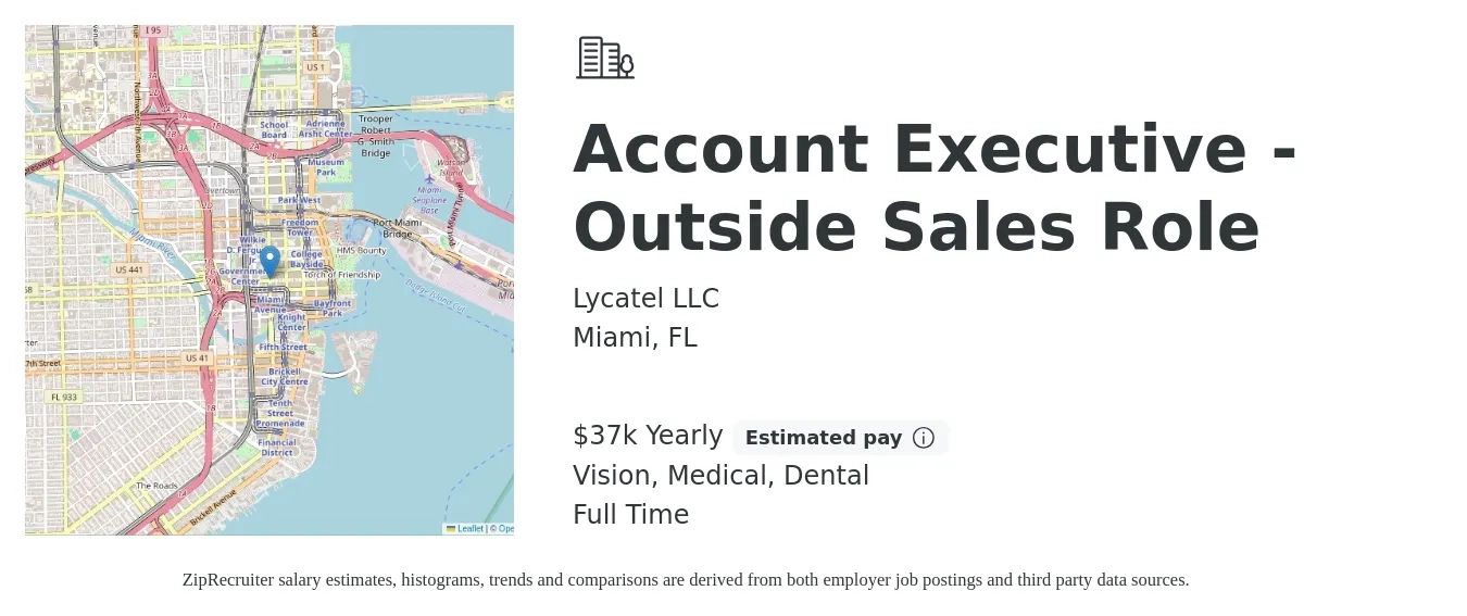 Lycatel LLC job posting for a Account Executive - Outside Sales Role in Miami, FL with a salary of $37,440 Yearly (plus commission) and benefits including medical, vision, and dental with a map of Miami location.