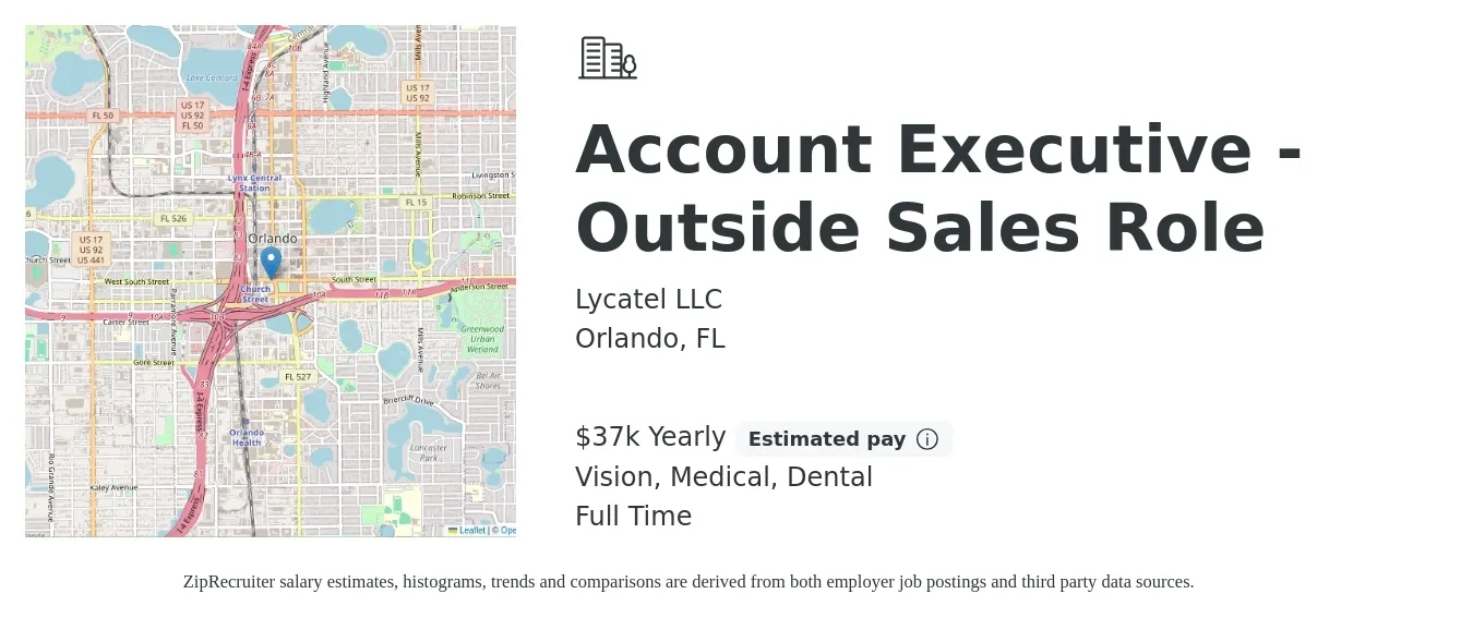 Lycatel LLC job posting for a Account Executive - Outside Sales Role in Orlando, FL with a salary of $37,440 Yearly (plus commission) and benefits including medical, vision, and dental with a map of Orlando location.
