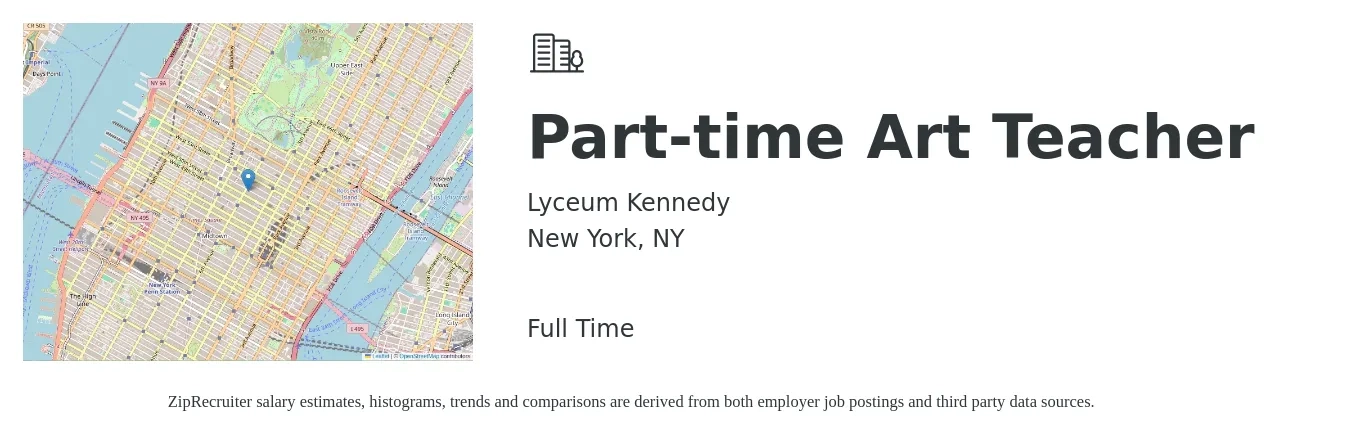 Lyceum Kennedy job posting for a Part-time Art Teacher in New York, NY with a salary of $40 to $45 Hourly with a map of New York location.