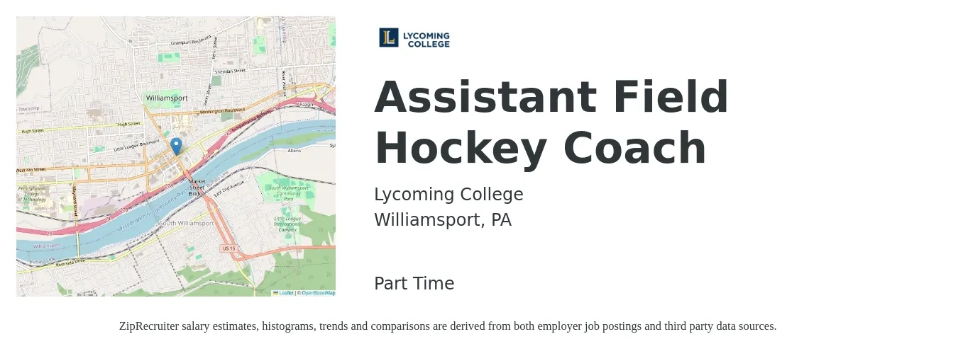 Lycoming College job posting for a Assistant Field Hockey Coach in Williamsport, PA with a salary of $7 Hourly with a map of Williamsport location.