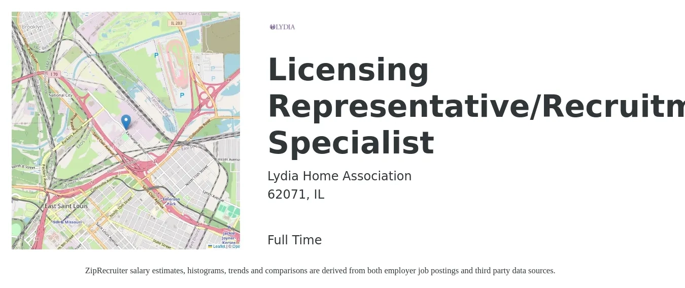 LYDIA HOME ASSOCIATION job posting for a Licensing Representative/Recruitment Specialist in 62071, IL with a salary of $47,500 Yearly with a map of 62071 location.