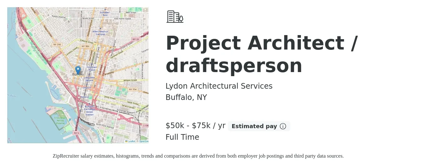 Lydon Architectural Services job posting for a Project Architect / draftsperson in Buffalo, NY with a salary of $50,000 to $75,000 Yearly and benefits including pto, and retirement with a map of Buffalo location.