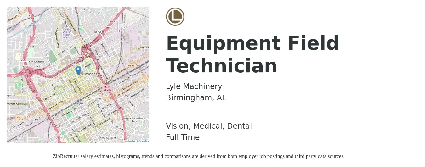 Lyle Machinery job posting for a Equipment Field Technician in Birmingham, AL with a salary of $20 to $28 Hourly and benefits including medical, retirement, vision, dental, and life_insurance with a map of Birmingham location.