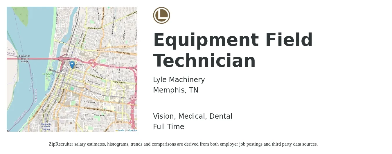 Lyle Machinery job posting for a Equipment Field Technician in Memphis, TN with a salary of $21 to $30 Hourly and benefits including retirement, vision, dental, life_insurance, and medical with a map of Memphis location.
