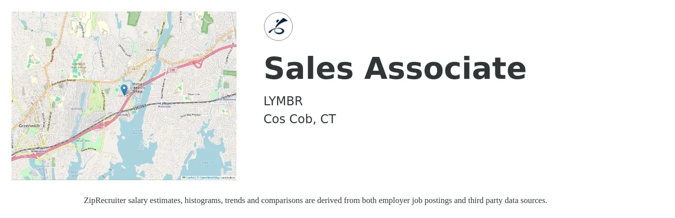 LYMBR job posting for a Sales Associate in Cos Cob, CT with a salary of $16 to $22 Hourly with a map of Cos Cob location.