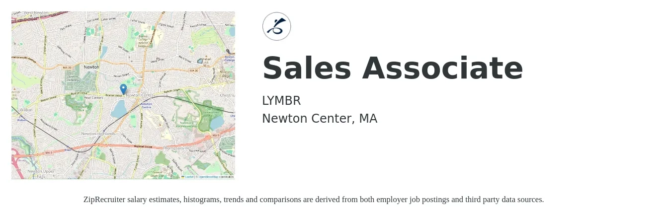 LYMBR job posting for a Sales Associate in Newton Center, MA with a salary of $16 to $21 Hourly with a map of Newton Center location.