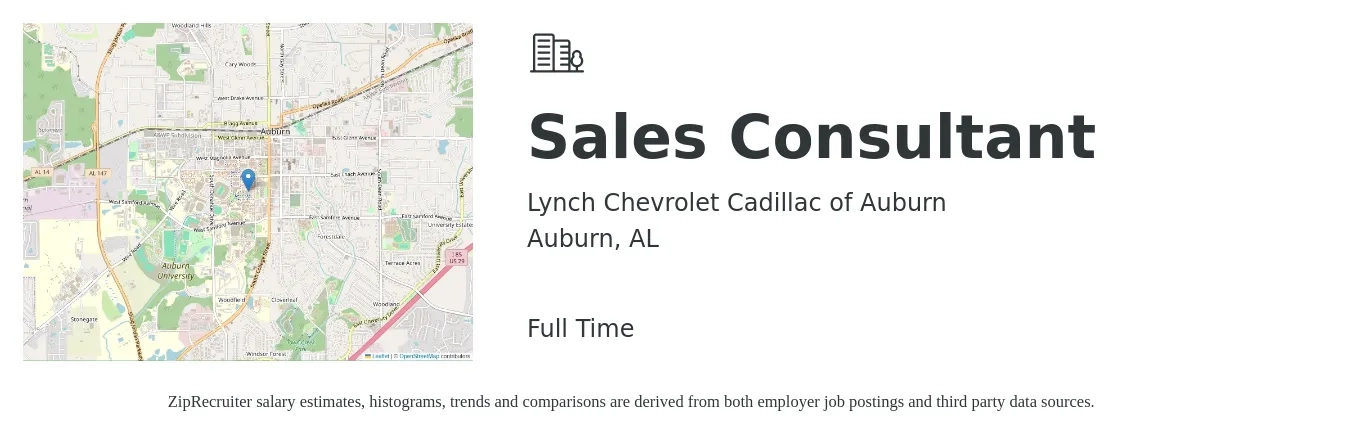 Lynch Chevrolet Cadillac of Auburn job posting for a Sales Consultant in Auburn, AL with a salary of $34,800 to $68,300 Yearly with a map of Auburn location.
