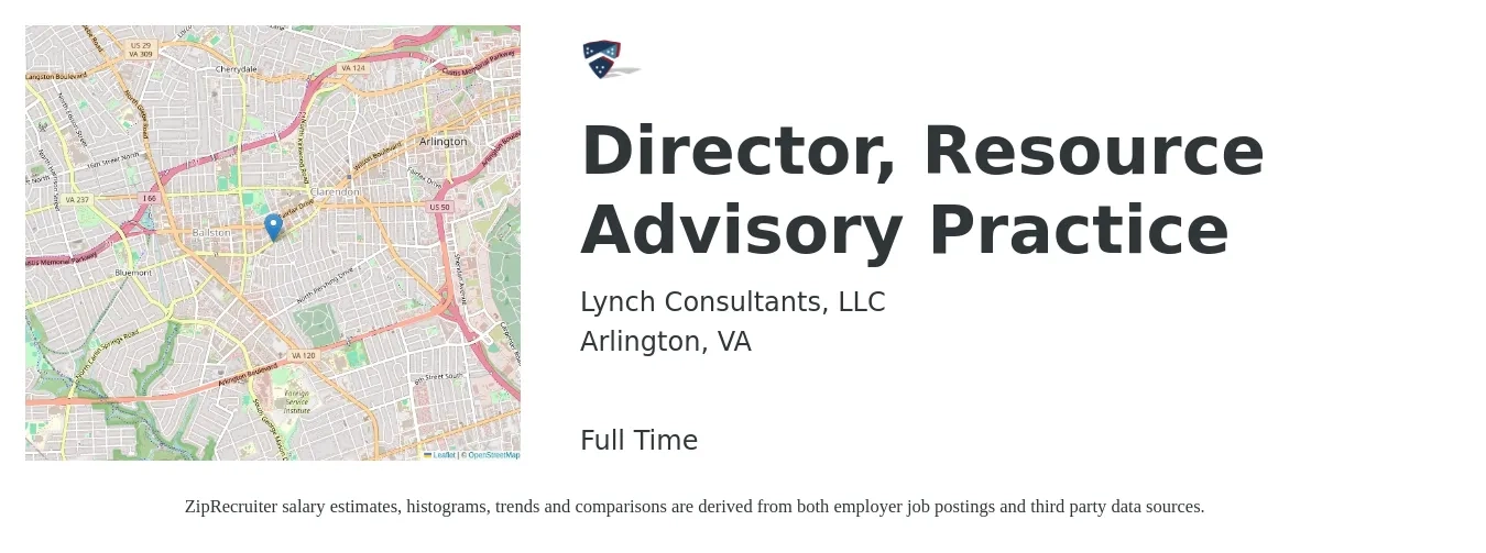 Lynch Consultants, LLC job posting for a Director, Resource Advisory Practice in Arlington, VA with a map of Arlington location.