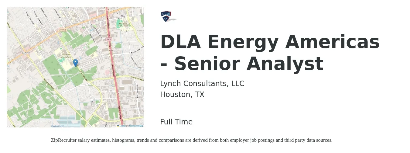 Lynch Consultants, LLC job posting for a DLA Energy Americas - Senior Analyst in Houston, TX with a salary of $79,700 to $105,600 Yearly with a map of Houston location.
