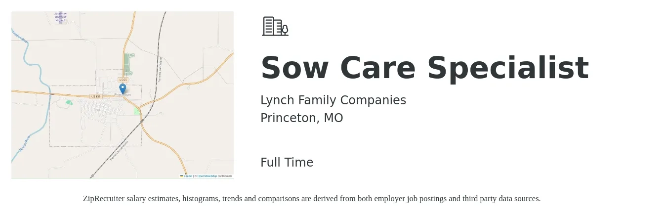 Lynch Family Companies job posting for a Sow Care Specialist in Princeton, MO with a salary of $34,000 to $84,400 Yearly with a map of Princeton location.