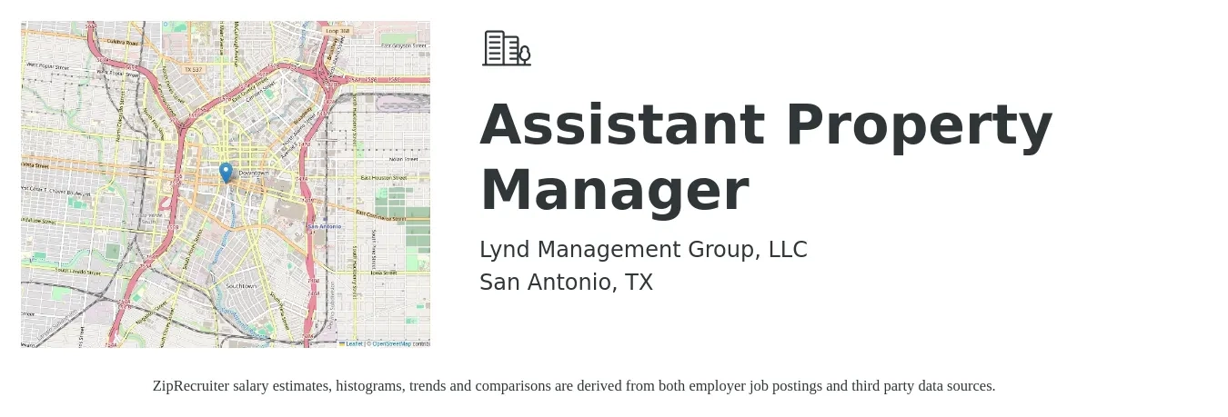 Lynd Management Group, LLC job posting for a Assistant Property Manager in San Antonio, TX with a salary of $17 to $23 Hourly with a map of San Antonio location.