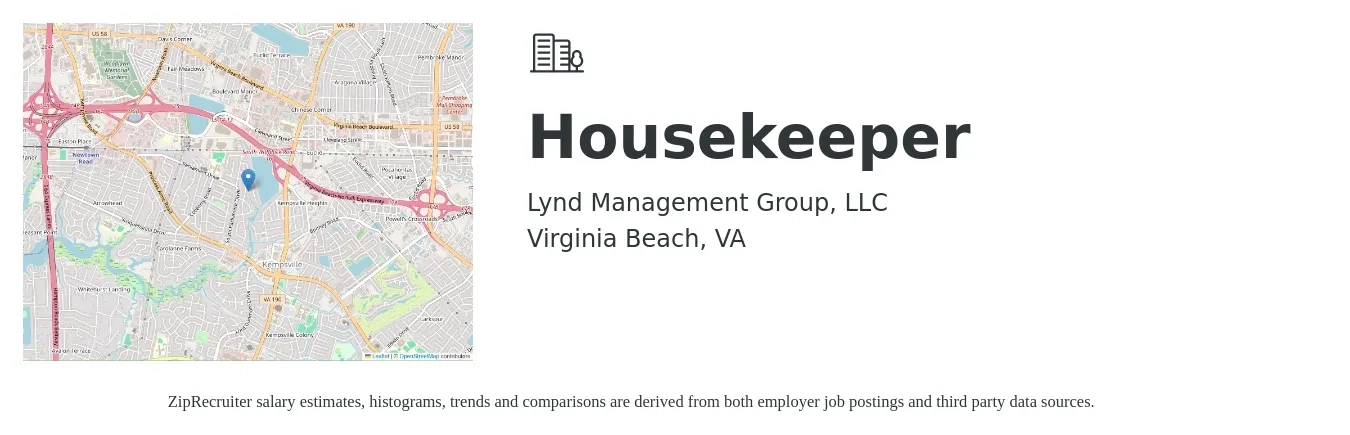 Lynd Management Group, LLC job posting for a Housekeeper in Virginia Beach, VA with a salary of $13 to $17 Hourly with a map of Virginia Beach location.