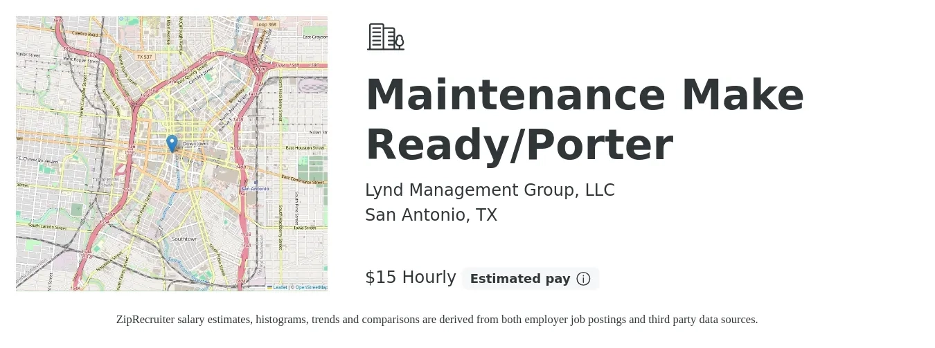 Lynd Management Group, LLC job posting for a Maintenance Make Ready/Porter in San Antonio, TX with a salary of $13 to $16 Hourly with a map of San Antonio location.