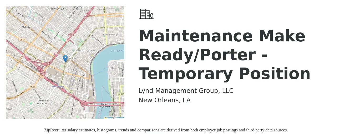 Lynd Management Group, LLC job posting for a Maintenance Make Ready/Porter - Temporary Position in New Orleans, LA with a salary of $14 to $16 Hourly with a map of New Orleans location.