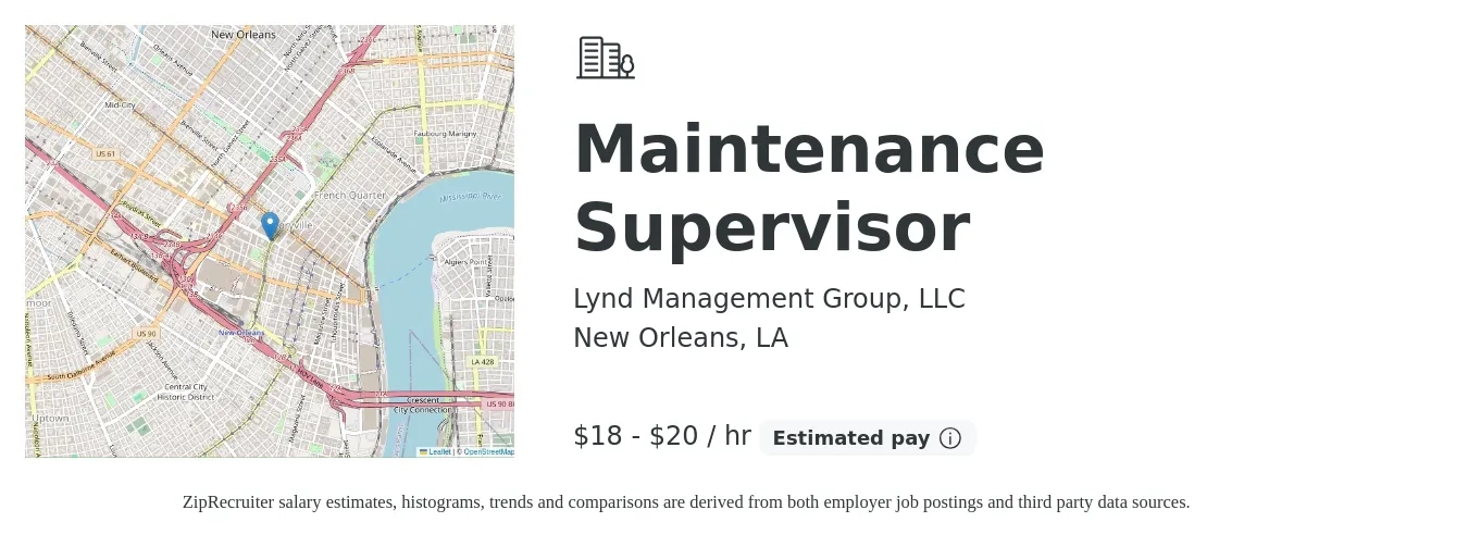 Lynd Management Group, LLC job posting for a Maintenance Supervisor in New Orleans, LA with a salary of $22 to $36 Hourly with a map of New Orleans location.