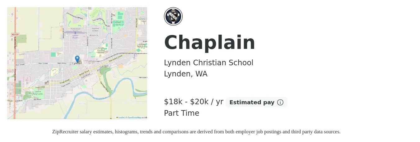 Lynden Christian School job posting for a Chaplain in Lynden, WA with a salary of $18,500 to $20,144 Yearly with a map of Lynden location.