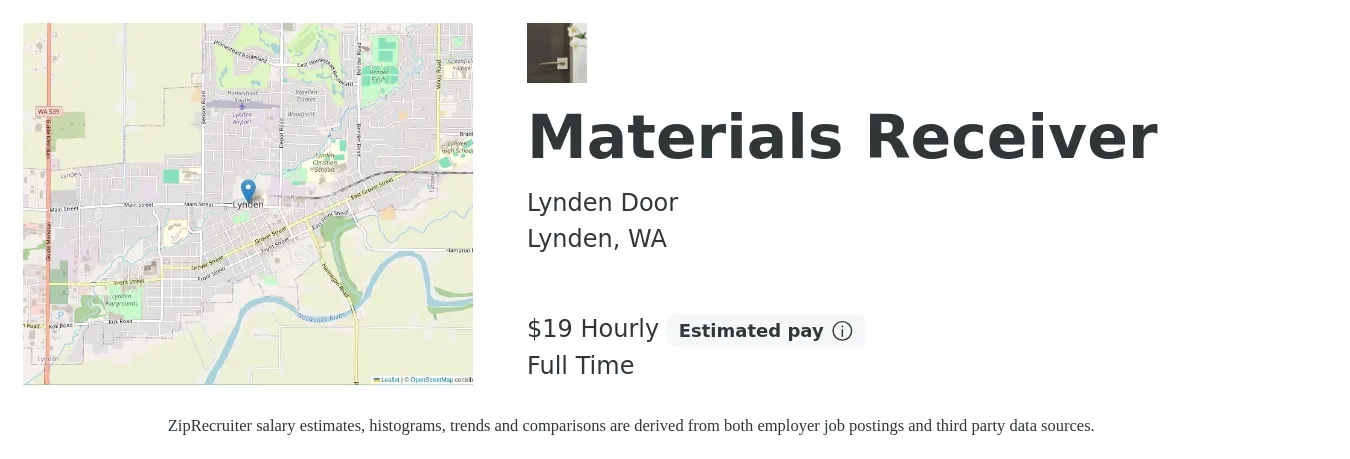 Lynden Door job posting for a Materials Receiver in Lynden, WA with a salary of $20 Hourly with a map of Lynden location.