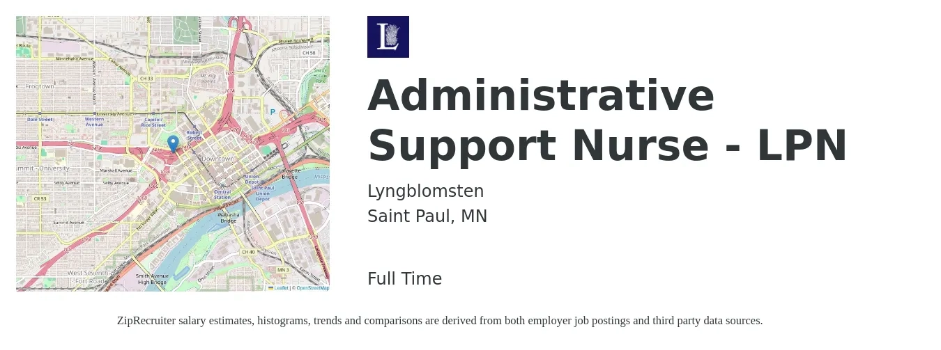 Lyngblomsten job posting for a Administrative Support Nurse - LPN in Saint Paul, MN with a salary of $1,210 to $1,710 Weekly with a map of Saint Paul location.