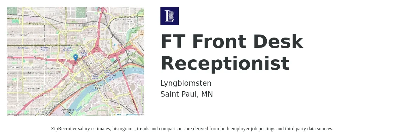 Lyngblomsten job posting for a FT Front Desk Receptionist in Saint Paul, MN with a salary of $16 to $19 Hourly with a map of Saint Paul location.