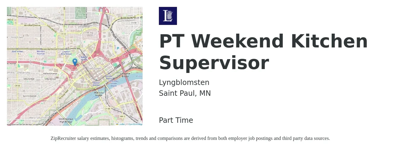 Lyngblomsten job posting for a PT Weekend Kitchen Supervisor in Saint Paul, MN with a salary of $39,400 to $63,200 Yearly with a map of Saint Paul location.