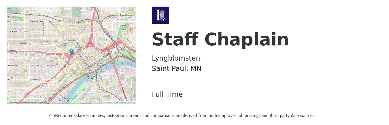 Lyngblomsten job posting for a Staff Chaplain in Saint Paul, MN with a salary of $55,100 to $77,900 Yearly with a map of Saint Paul location.