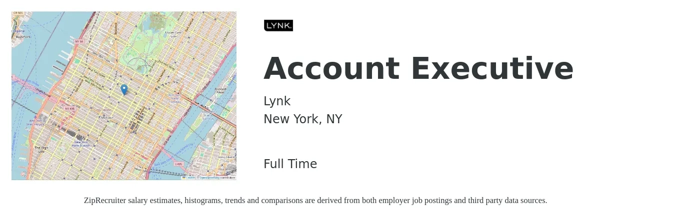 Lynk job posting for a Account Executive in New York, NY with a salary of $59,100 to $103,900 Yearly with a map of New York location.