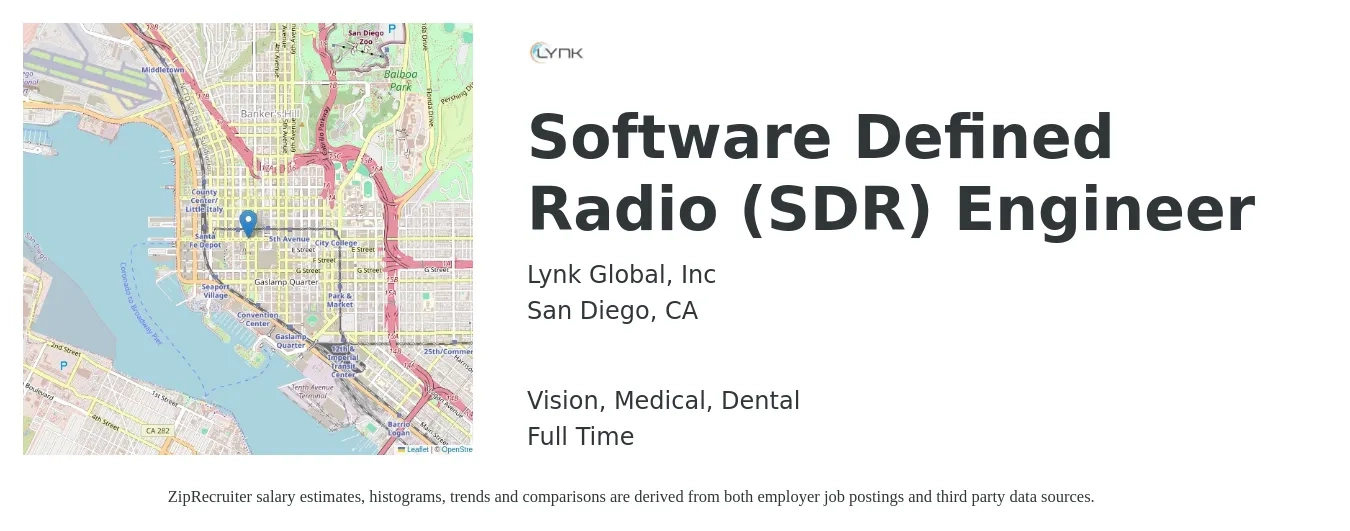Lynk Global, Inc job posting for a Software Defined Radio (SDR) Engineer in San Diego, CA with a salary of $84,400 to $113,100 Yearly and benefits including medical, pto, retirement, vision, and dental with a map of San Diego location.