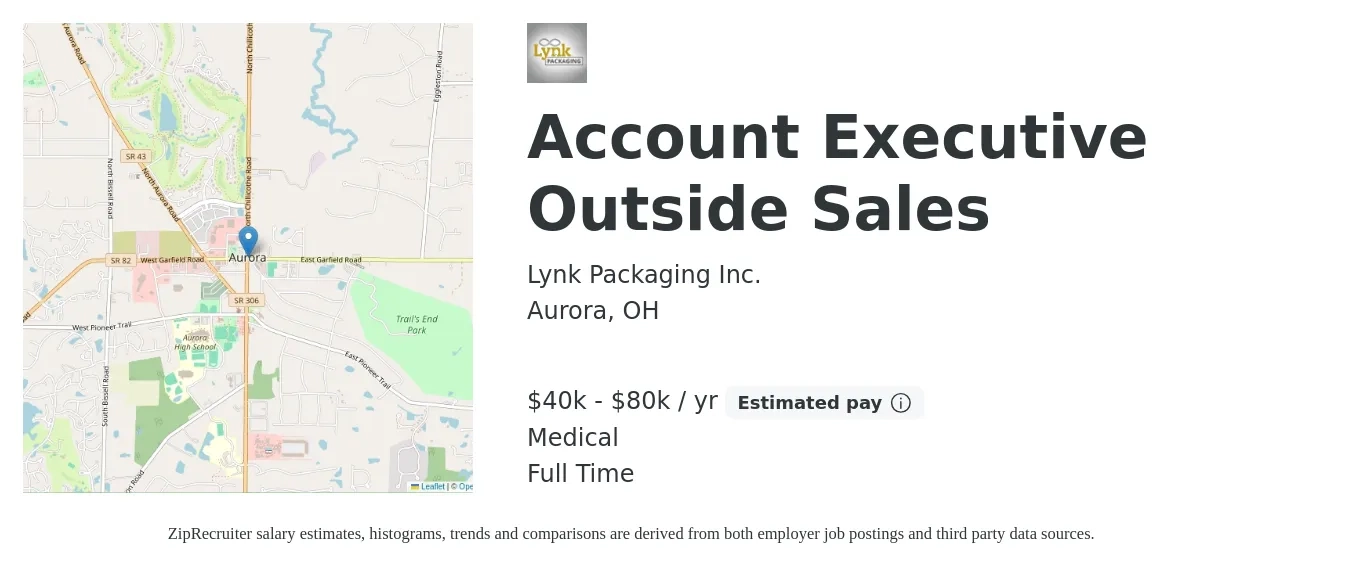 Lynk Packaging Inc. job posting for a Account Executive Outside Sales in Aurora, OH with a salary of $40,000 to $80,000 Yearly (plus commission) and benefits including pto, retirement, life_insurance, and medical with a map of Aurora location.