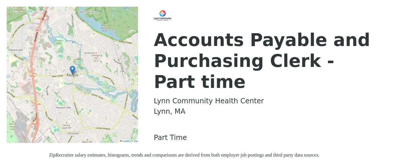 Lynn Community Health Center job posting for a Accounts Payable and Purchasing Clerk - Part time in Lynn, MA with a salary of $20 to $25 Hourly with a map of Lynn location.