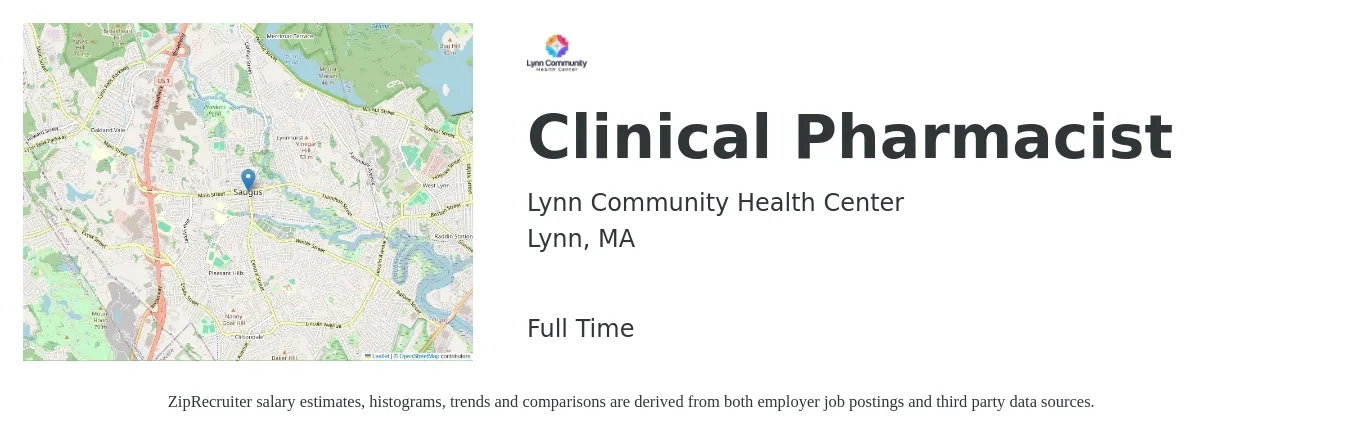 Lynn Community Health Center job posting for a Clinical Pharmacist in Lynn, MA with a salary of $122,400 to $146,200 Yearly with a map of Lynn location.