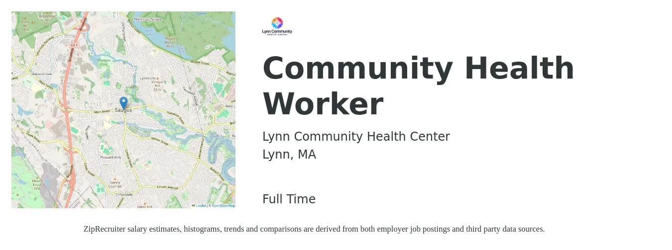 Lynn Community Health Center job posting for a Community Health Worker in Lynn, MA with a salary of $20 to $26 Hourly with a map of Lynn location.