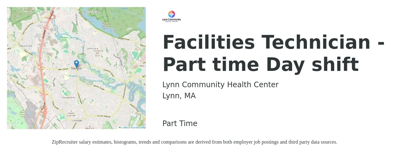Lynn Community Health Center job posting for a Facilities Technician - Part time Day shift in Lynn, MA with a salary of $20 to $28 Hourly with a map of Lynn location.