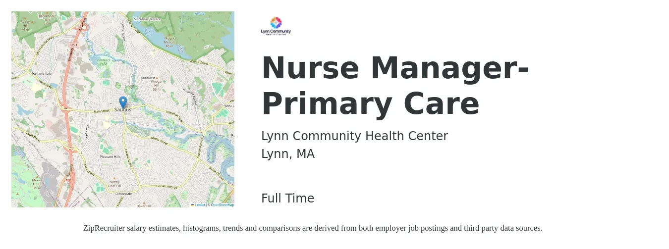 Lynn Community Health Center job posting for a Nurse Manager- Primary Care in Lynn, MA with a salary of $41 to $60 Hourly with a map of Lynn location.