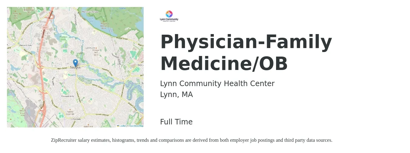 Lynn Community Health Center job posting for a Physician-Family Medicine/OB in Lynn, MA with a salary of $133,300 to $258,200 Yearly with a map of Lynn location.