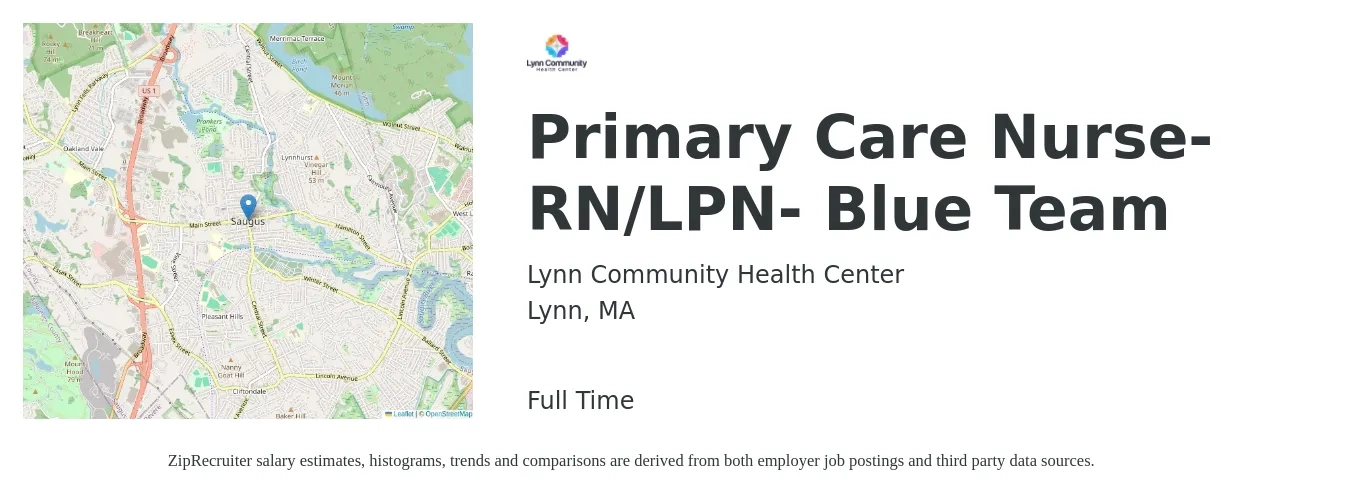 Lynn Community Health Center job posting for a Primary Care Nurse- RN/LPN- Blue Team in Lynn, MA with a salary of $28 to $38 Hourly with a map of Lynn location.