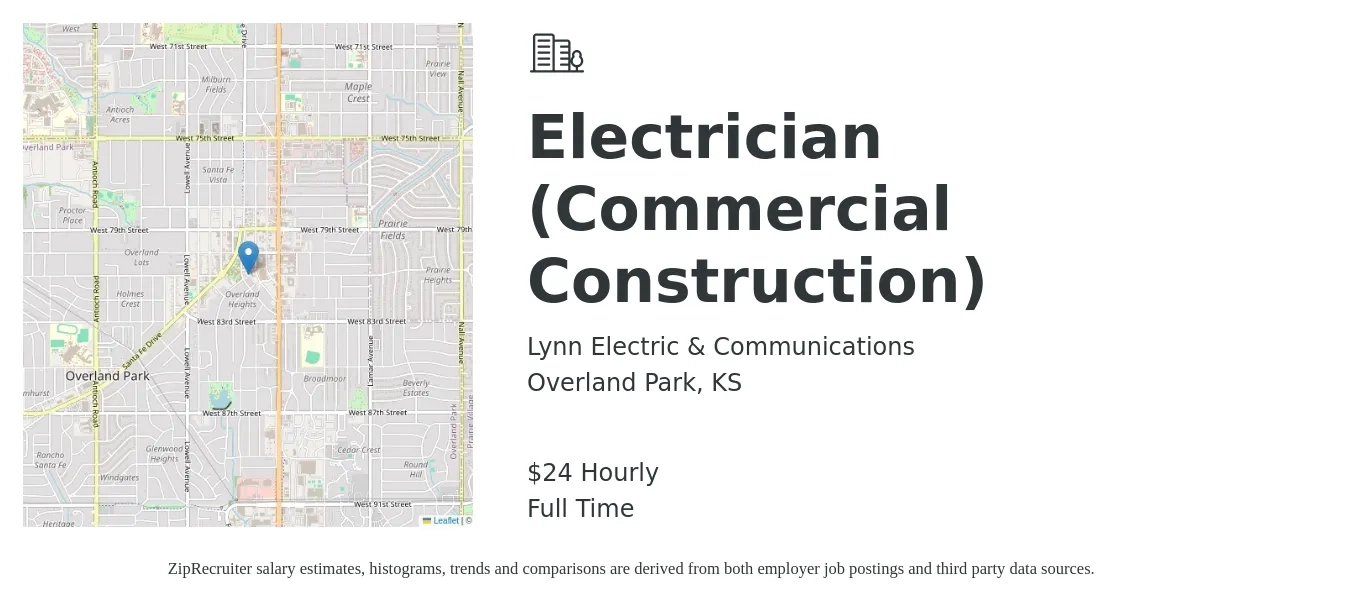 Lynn Electric & Communications job posting for a Electrician (Commercial Construction) in Overland Park, KS with a salary of $25 Hourly with a map of Overland Park location.