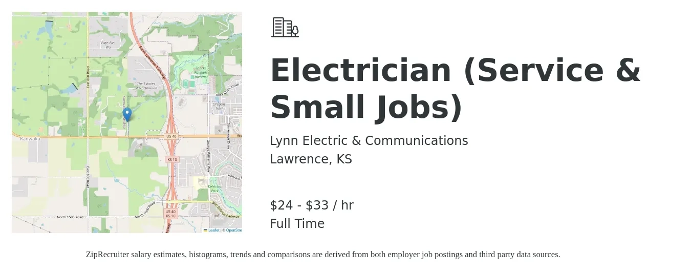 Lynn Electric & Communications job posting for a Electrician (Service & Small Jobs) in Lawrence, KS with a salary of $25 to $35 Hourly with a map of Lawrence location.