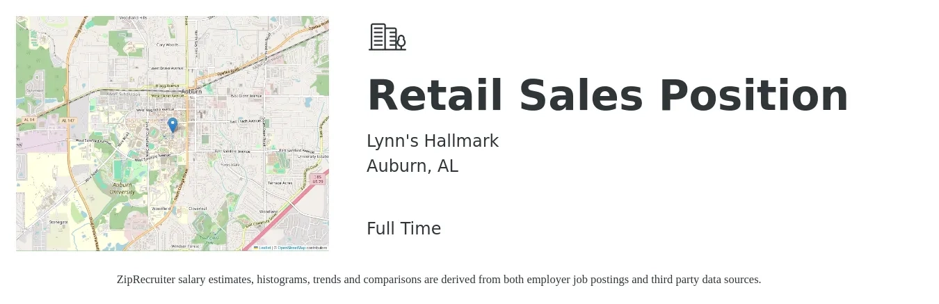 Lynn's Hallmark job posting for a Retail Sales Position in Auburn, AL with a salary of $13 to $15 Hourly with a map of Auburn location.