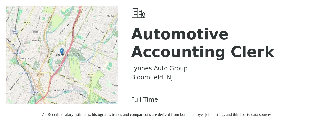 Lynnes Auto Group job posting for a Automotive Accounting Clerk in Bloomfield, NJ with a salary of $19 to $24 Hourly with a map of Bloomfield location.