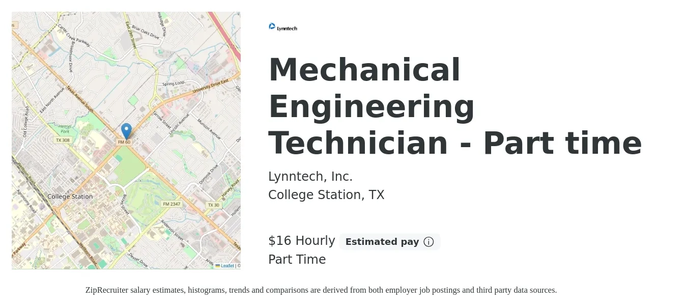 Lynntech, Inc. job posting for a Mechanical Engineering Technician - Part time in College Station, TX with a salary of $17 Hourly with a map of College Station location.