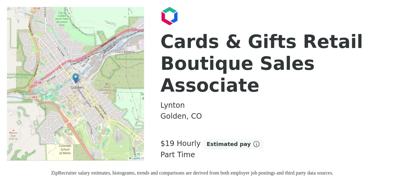 Lynton job posting for a Cards & Gifts Retail Boutique Sales Associate in Golden, CO with a salary of $20 Hourly with a map of Golden location.