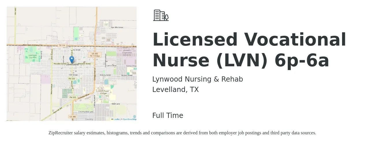 Lynwood Nursing & Rehab job posting for a Licensed Vocational Nurse (LVN) 6p-6a in Levelland, TX with a salary of $25 to $34 Hourly with a map of Levelland location.
