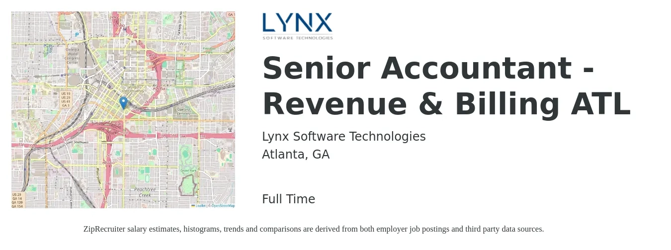 Lynx Software Technologies job posting for a Senior Accountant - Revenue & Billing ATL in Atlanta, GA with a salary of $77,400 to $101,000 Yearly with a map of Atlanta location.