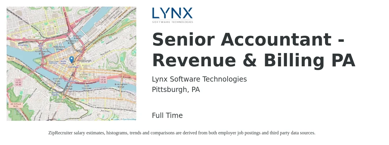 Lynx Software Technologies job posting for a Senior Accountant - Revenue & Billing PA in Pittsburgh, PA with a salary of $78,200 to $101,900 Yearly with a map of Pittsburgh location.