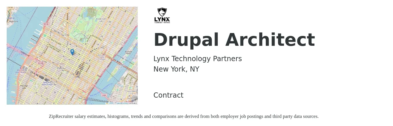 Lynx Technology Partners job posting for a Drupal Architect in New York, NY with a salary of $68 to $82 Hourly with a map of New York location.