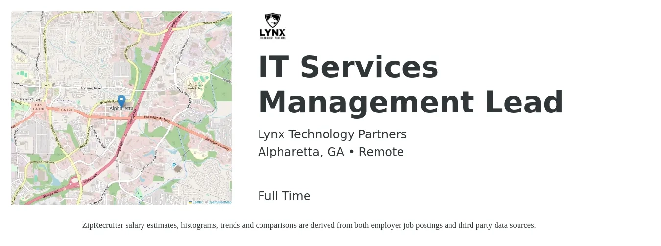 Lynx Technology Partners job posting for a IT Services Management Lead in Alpharetta, GA with a salary of $79,600 to $124,500 Yearly with a map of Alpharetta location.