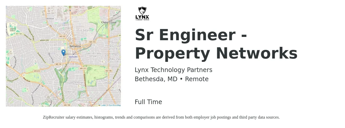 Lynx Technology Partners job posting for a Sr Engineer - Property Networks in Bethesda, MD with a salary of $111,000 to $152,100 Yearly with a map of Bethesda location.